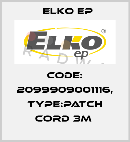 Code: 2099909001116, Type:Patch cord 3m  Elko EP