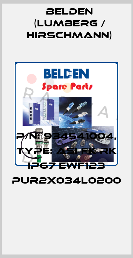 P/N: 934541004, Type: ASI FK RK IP67 EWF123 PUR2x034L0200  Belden (Lumberg / Hirschmann)
