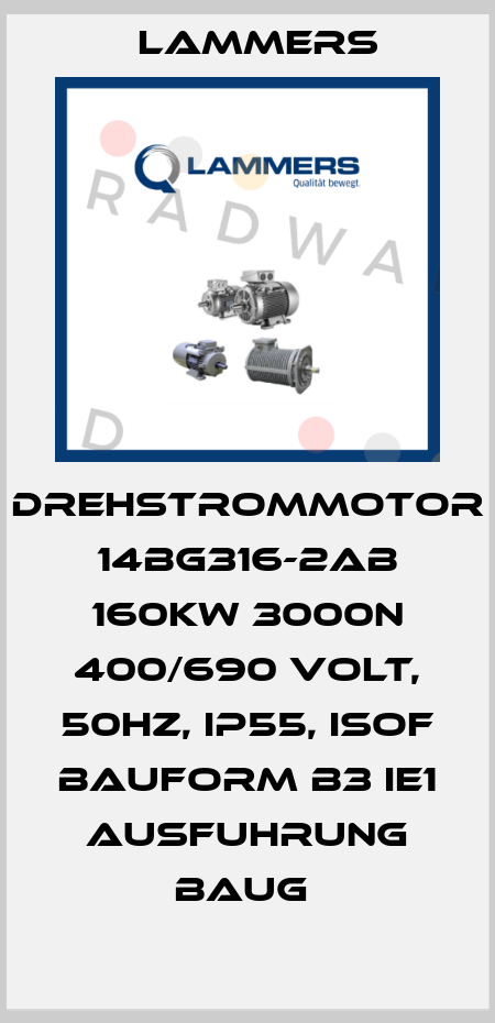 DREHSTROMMOTOR 14BG316-2AB 160KW 3000N 400/690 VOLT, 50HZ, IP55, ISOF BAUFORM B3 IE1 AUSFUHRUNG BAUG  Lammers