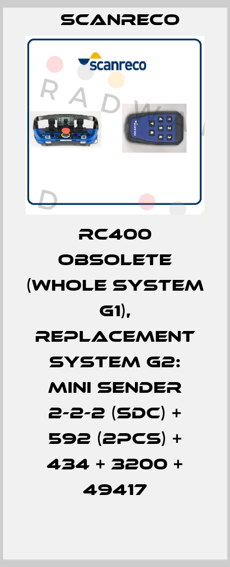 RC400 obsolete (whole system G1), replacement system G2: Mini Sender 2-2-2 (SDC) + 592 (2pcs) + 434 + 3200 + 49417 Scanreco