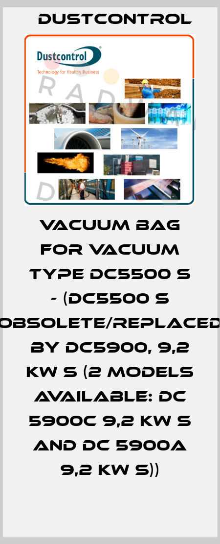 VACUUM BAG FOR VACUUM TYPE DC5500 S - (DC5500 S obsolete/replaced by DC5900, 9,2 kW S (2 models available: DC 5900c 9,2 kW S and DC 5900a 9,2 kW S)) Dustcontrol