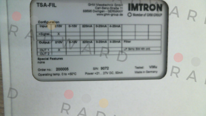 501542 TSA-FIL1-V1-5K-BW-V1 Imtron
