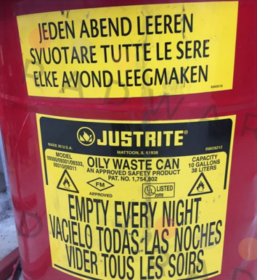 Both labels for OILY WASTE CAN PAT.NO. 1,754,802  Justrite
