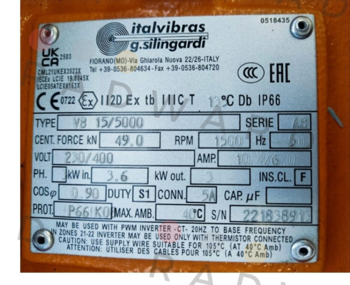 VB 15/5000, 230/400 V, 50 Hz, 1500 1/min Italvibras
