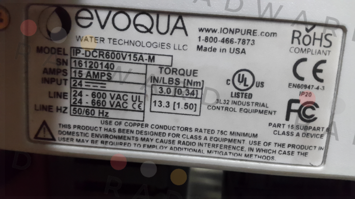 Model: IP-DCR600V15A-M Evoqua Water Technologies