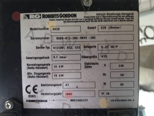 ignition electrode for BH 20 Combat (formerly Roberts Gordon)