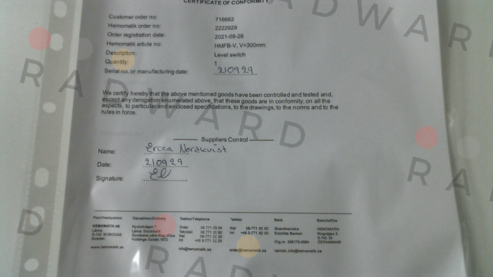 CERTIFICATE OF CONFORMITY  Hemomatik