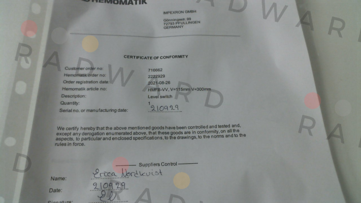 CERTIFICATE OF ORIGIN Hemomatik
