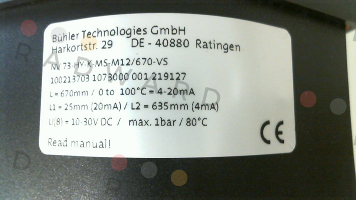 P/N: Q11008002 1073000, Type: NV73-HY-K-MS-M12/670-VS Bühler Technologies