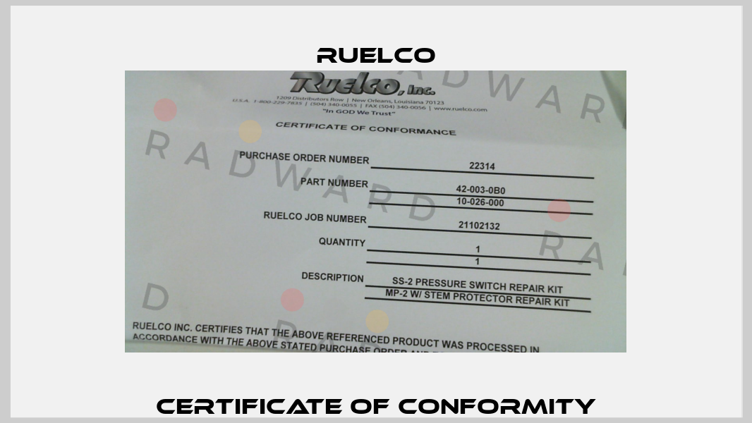 Certificate of Conformity Ruelco