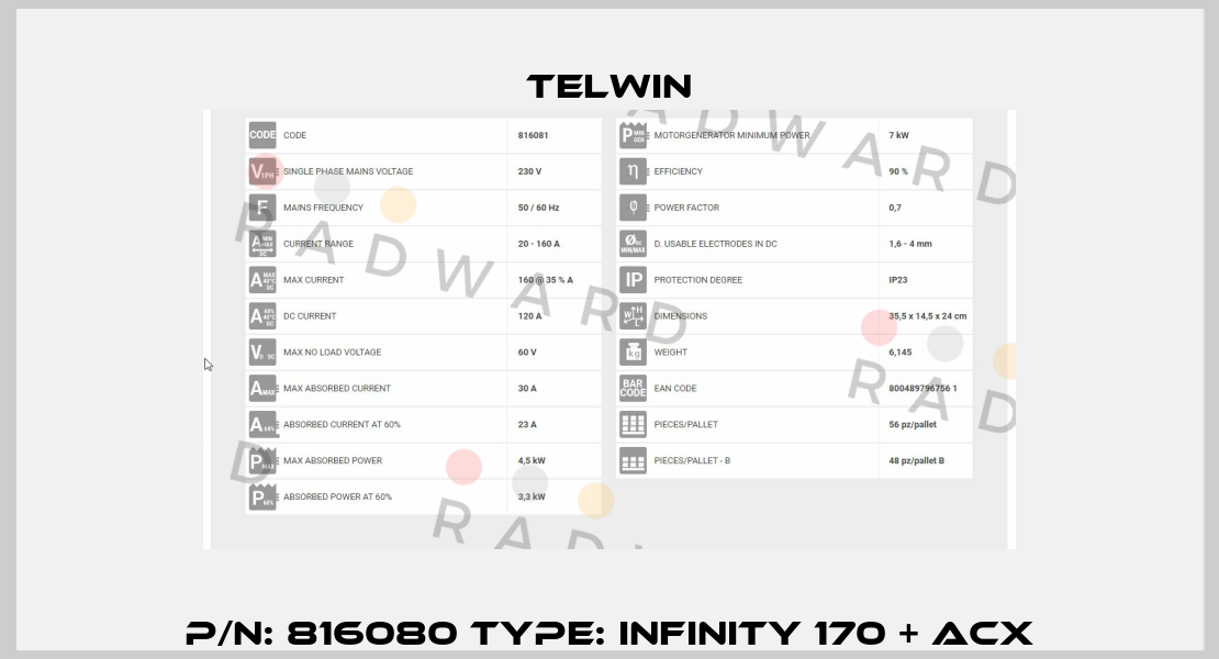 P/N: 816080 Type: Infinity 170 + ACX Telwin