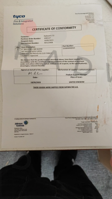 Certificate of Conformity for 59300W060WS Tyco Fire