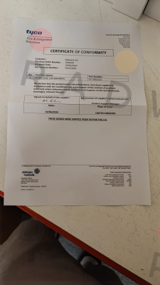 Certificate of Conformity for 517.050.610 Tyco Fire