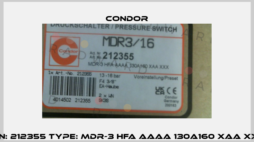 P/N: 212355 Type: MDR-3 HFA AAAA 130A160 XAA XXX Condor