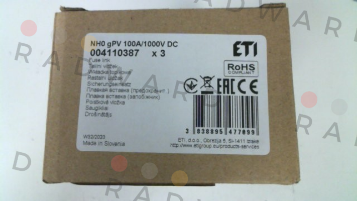 P/N: 4110387, Type: NH 0/100A DC 1000V Eti